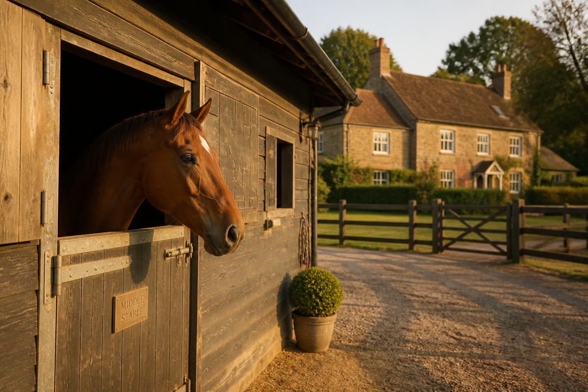 A horse looking out of a stable door at a rural English equestrian property in morning light