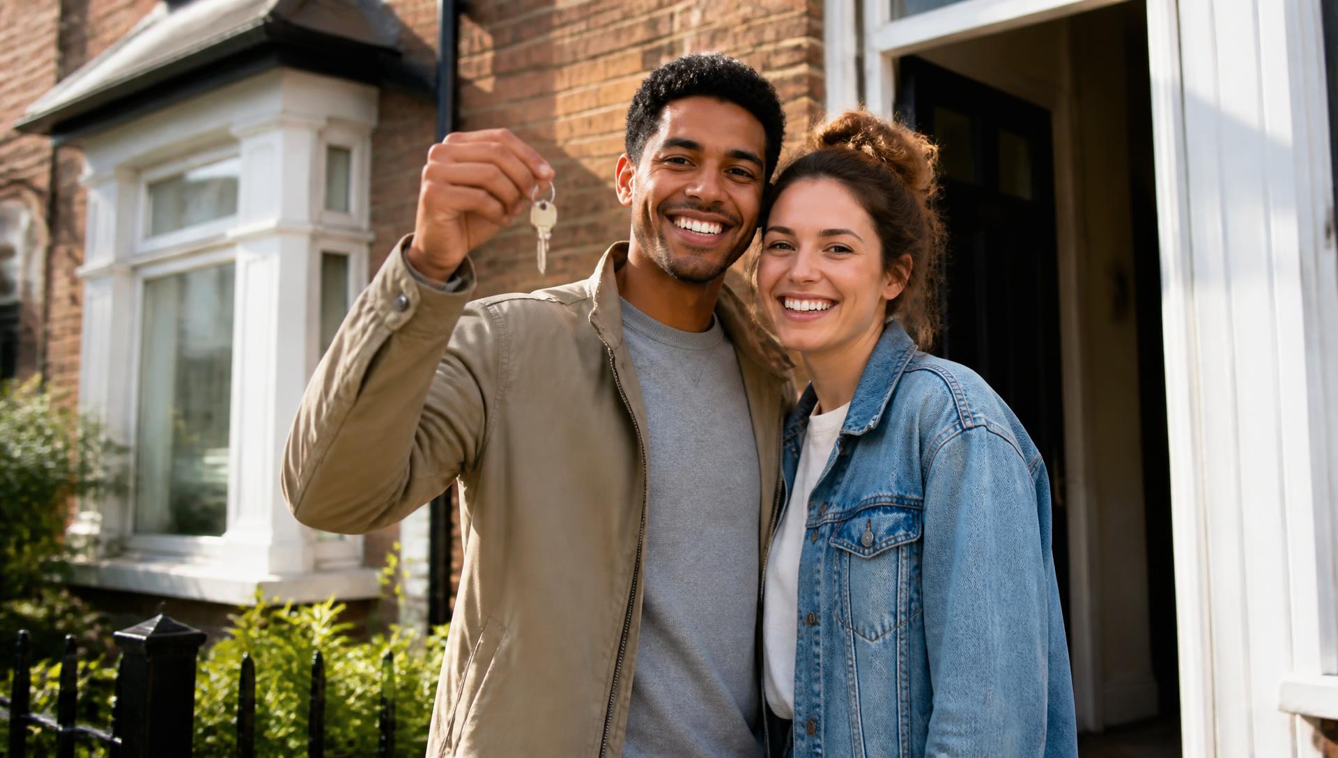 A couple smiling and holding the keys to their new home outside a UK brick house